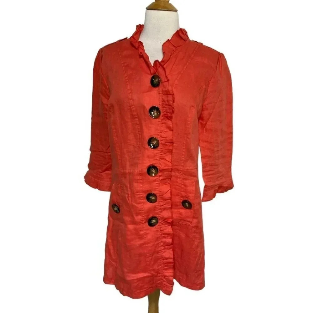 LUII M orange red linen button down light weight jacket‎ or dress ruffles
